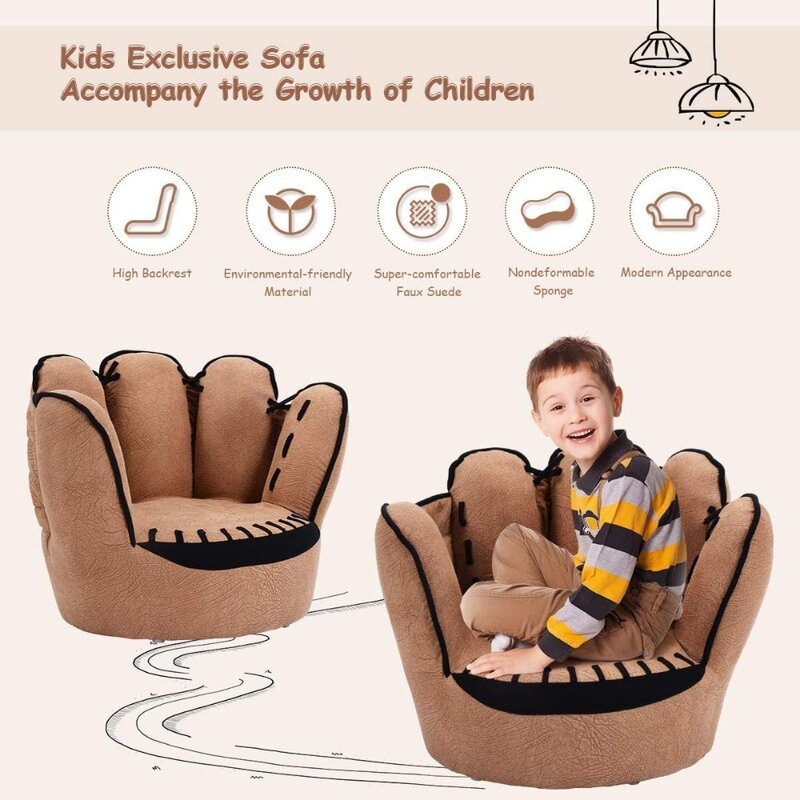 Sofa dla dzieci drewniany tapicerowany fotel dla malucha, fotel dla chłopców i dziewcząt w kształcie rękawice do baseballu, brązowy