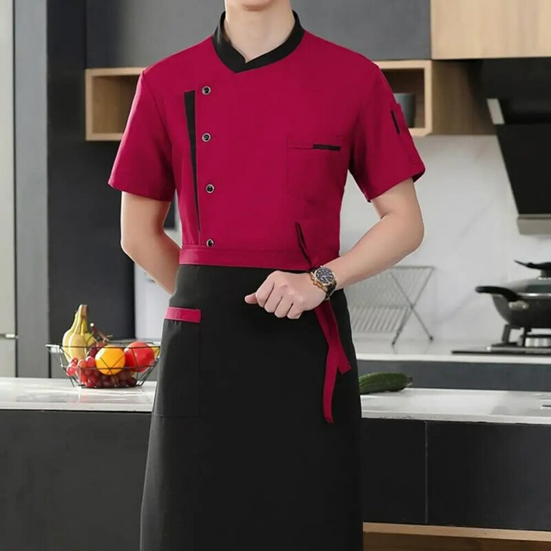 Uniforme Chef profissional conjunto com chapéu e avental, Unisex Stand Collar, manga curta, Hotel, cozinha