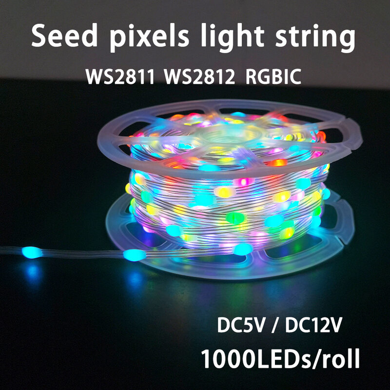 Cordão de luz endereçável com pixels de semente, individualmente transparente, fio verde preto, endereçável, WS2811, WS2812, WS2811, DC 5V, 12V, 1000LEDs, 26AWG