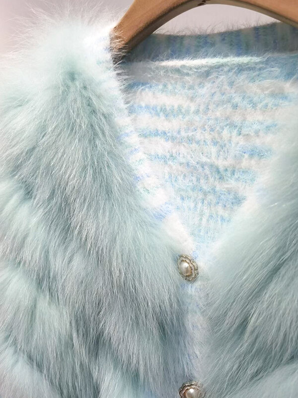 ZDFURS*Real Fox Fur Sweater Stitching Fur Female Short Cardigan Coat Sweater Furry 2023 New Spring and Autumn Tops
