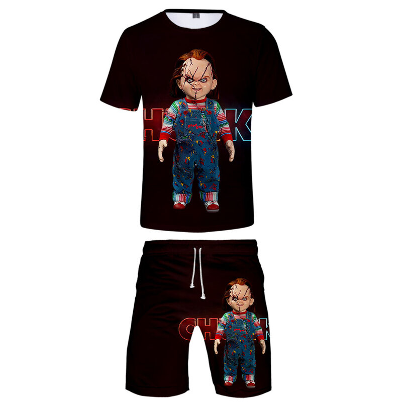 Horror Chucky zestawy 2-częściowy zestaw letnie koszulka z krótkim rękawem + spodenki moda garnitur Streetwear ubrania