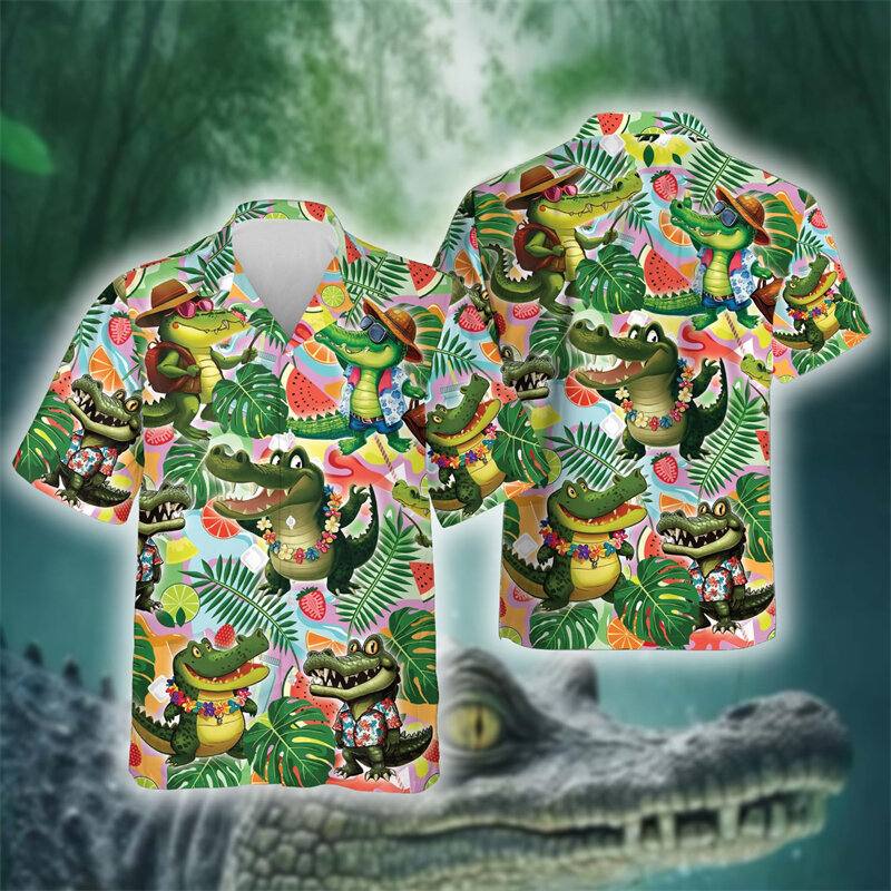 Camisa de playa con estampado de cocodrilo para hombre, camisa de animales de Hip Hop, ropa informal Hawaiana de manga corta, blusas masculinas con botones