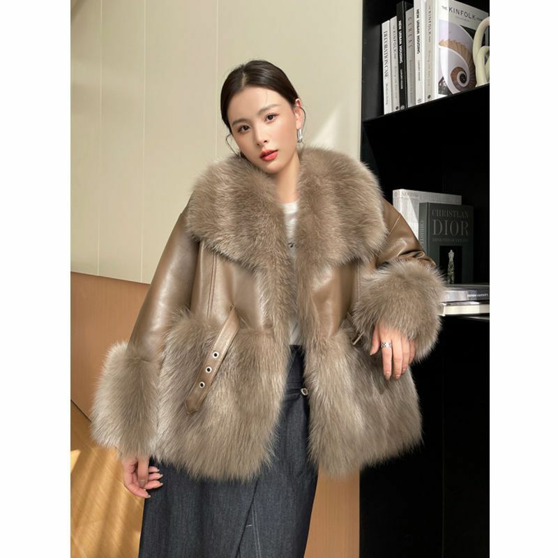 Mantel bulu wanita Korea, Jaket Wanita Mode Korea imitasi bulu rubah empuk, pakaian luar Vintage tebal hangat mode 2023