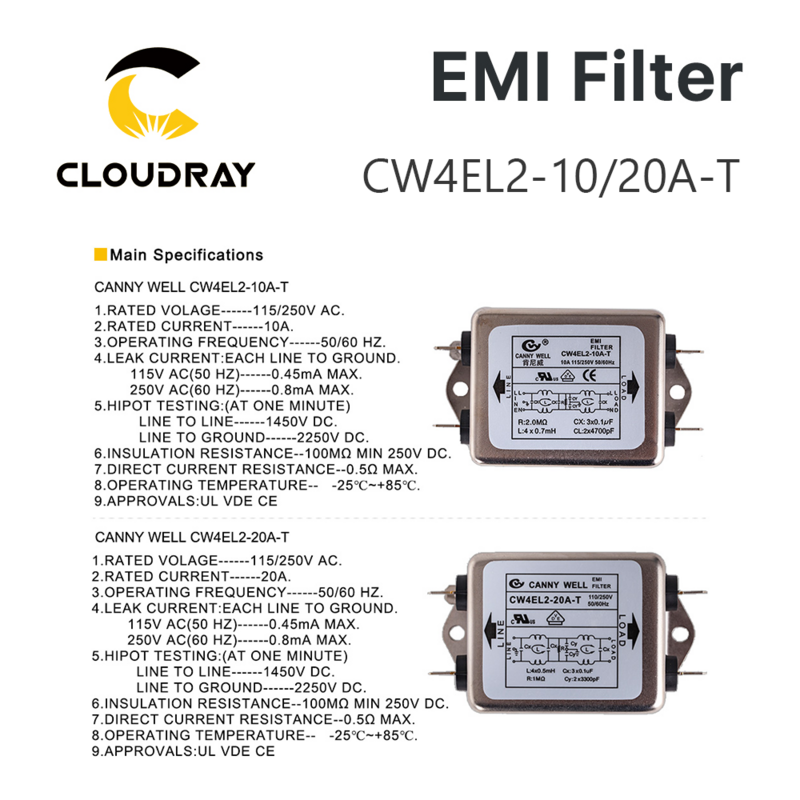 Cloudray Power EMI กรอง CW4L2-10A-T / CW4L2-20A-T เฟสเดียว AC 115V / 250V 20A 50/60HZ จัดส่งฟรี
