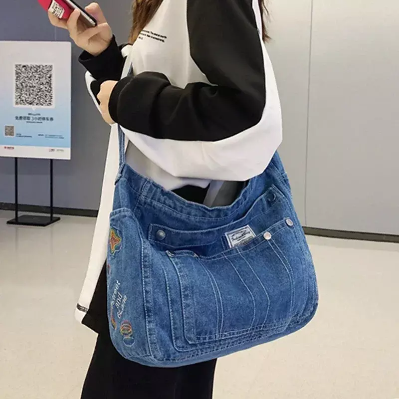 Multi Pocket weibliche Umhängetaschen hochwertige Jeans weiche tragbare Lady Chic Einkaufstaschen gewaschen Denim lässig Damen Umhängetasche