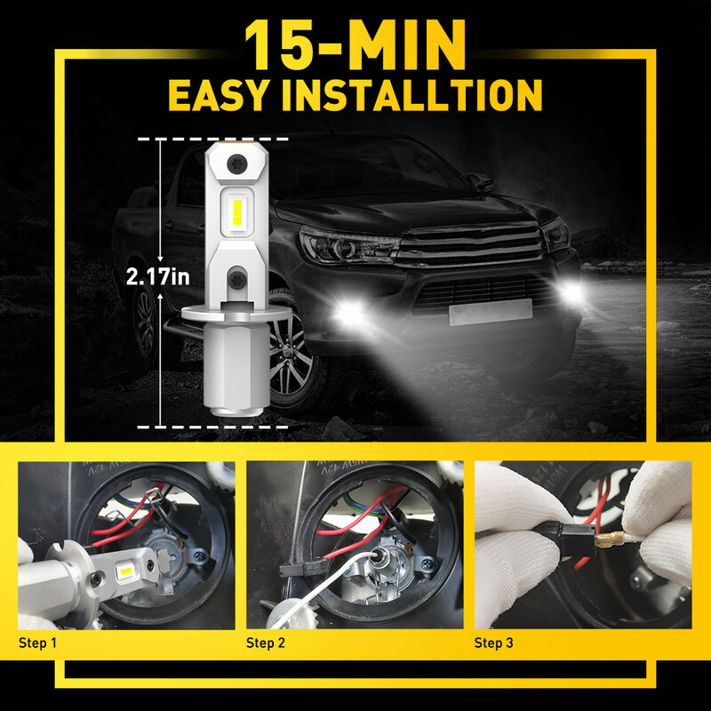 AUXITO – ampoule de phare antibrouillard LED H3, Mini Design DRL 12V, 6500K, blanc, jaune, pour voiture, feux de route, sans ventilateur, 2 pièces