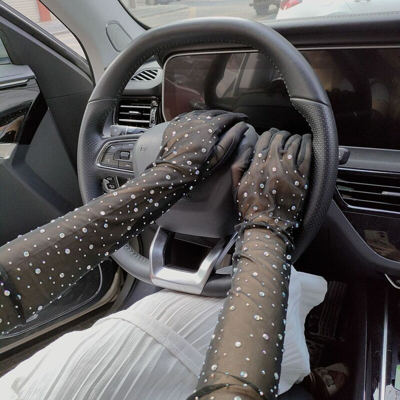 Luvas longas de zircão transparente anti-UV para mulheres, luvas de condução de verão, luvas de casamento