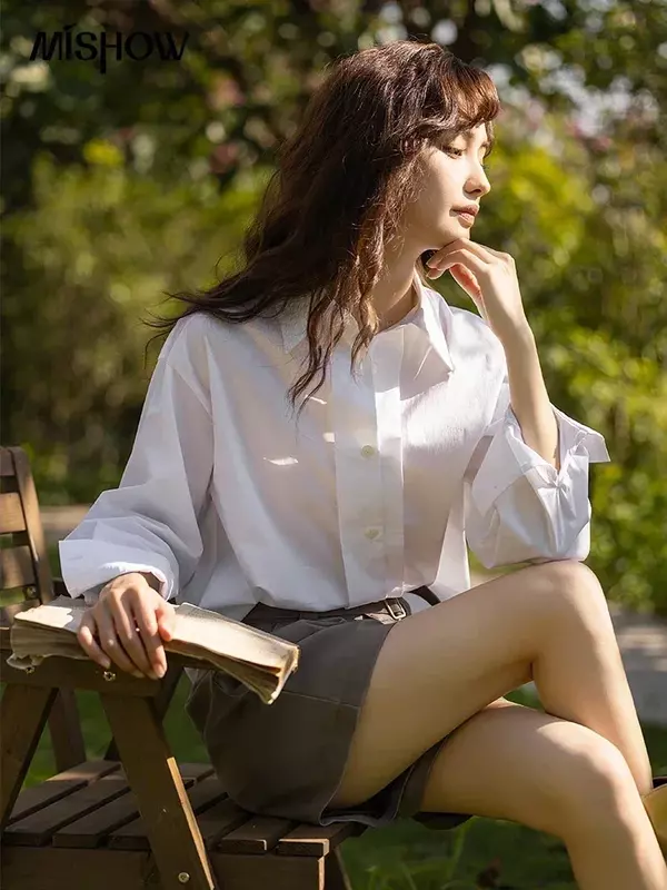 Luźna koszula damska MISHOW wiosna solidna koszulka Polo jednorzędowa bluzka biurowa damska z długim rękawem odzież damska MXC13C0006