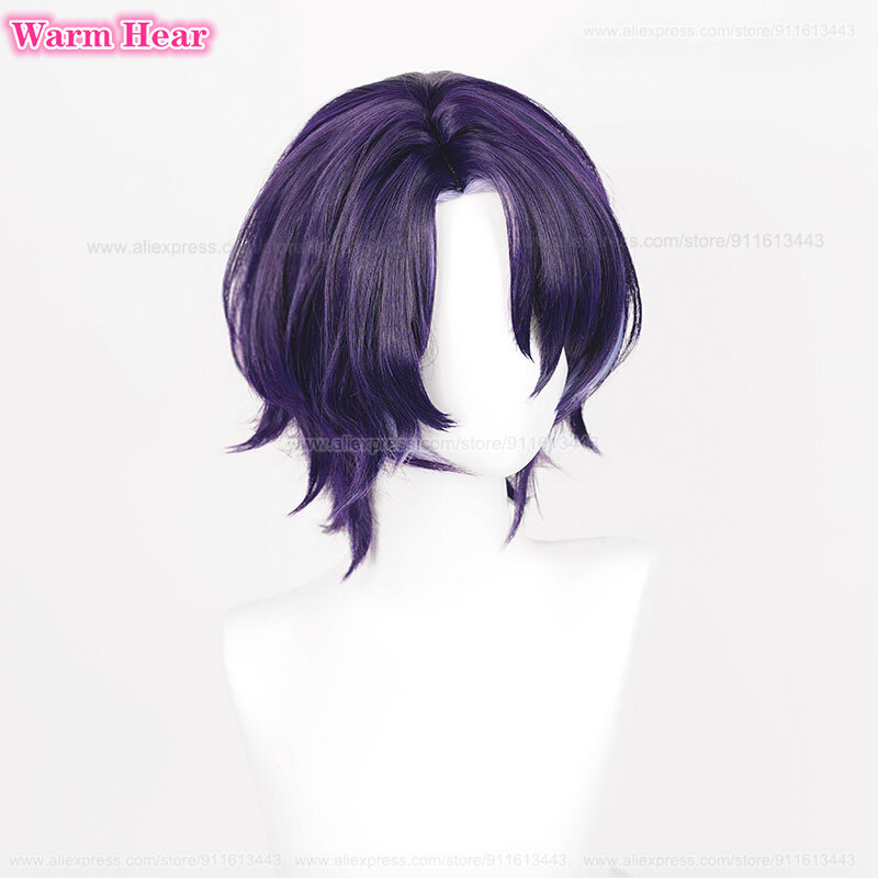 Wig Cosplay Anime HSR, Wig Anime HSR pendek 33cm, Wig Anime Cosplay highlight ungu, rambut tahan panas 2024 Halloween 2 gaya