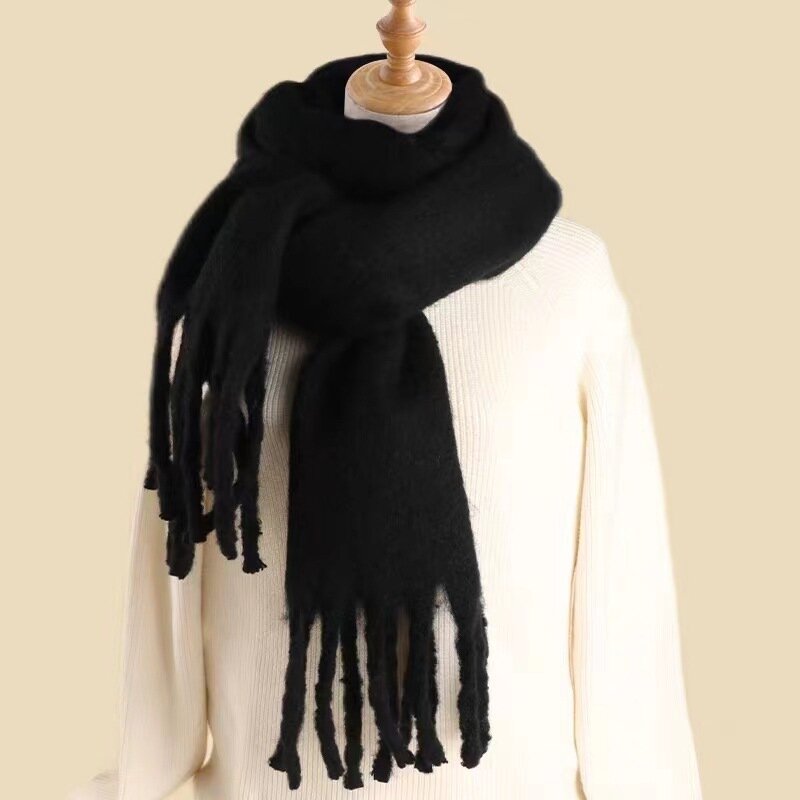 Зимний шарф, женский роскошный осенне-зимний кашемировый шарф, утепленная теплая шаль, Классический пушистый шарф с кисточками, однотонная мягкая шаль