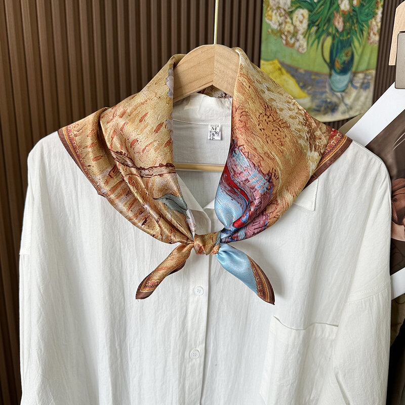 OMEA 100% czysty jedwab kwadratowy szalik 65cm chusteczka luksusowy obraz olejny szal z motywem pola ryżowego duży kwadratowy szalik na głowę moda