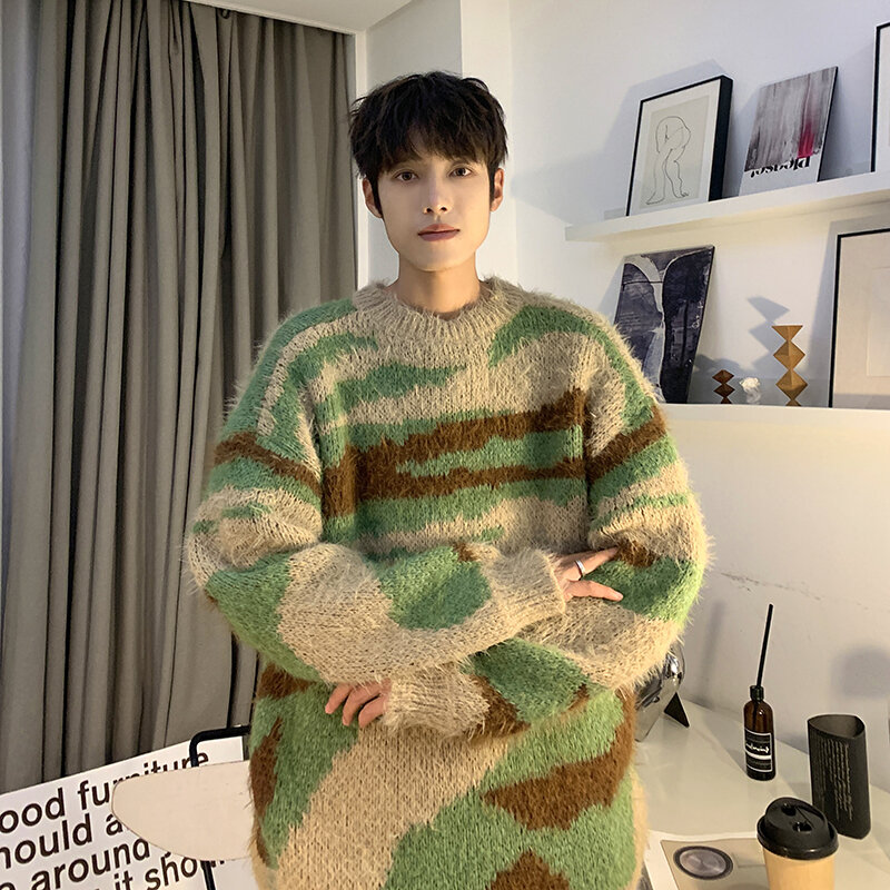 2023 Men Autumn Winter Fashion Striped Casual Sweater Tops Men O Neck Patchwork Pullovers Male Loose Knitted Jumpers I562