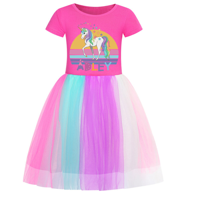 A For Adley-Robe de princesse en maille et dentelle pour fille, vêtements d'été à manches courtes pour fête d'anniversaire