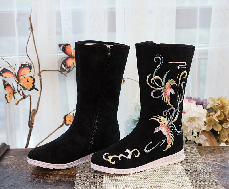 Botas femininas meados de bezerro chinês tradicional hanfu sapatos dedo do pé redondo oriental antigo floral bordado inverno algodão-acolchoado apartamentos