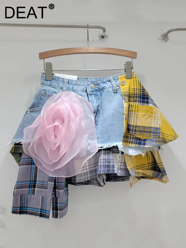 DEAT Fashion Women's Skirt High Waist Plaid Iregular Hem 3D Floral Deconstruction Designer Skirts Summer 2024 Ne Tide 11XX8965