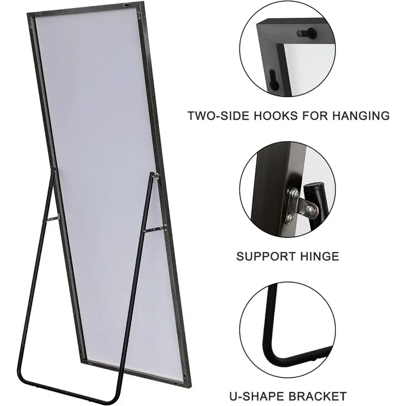 Espejo de longitud completa para sala de estar, espejo de pared de gran tamaño con soporte, marco de aleación de aluminio