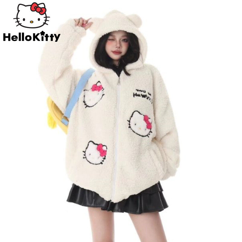 Kawaii Sanrio Hello Kitty Plush Hoodie Women Winter New Fashion Sweatshirt Y2k Preppy Girls Cardigan Coat Loose Casual Clothing