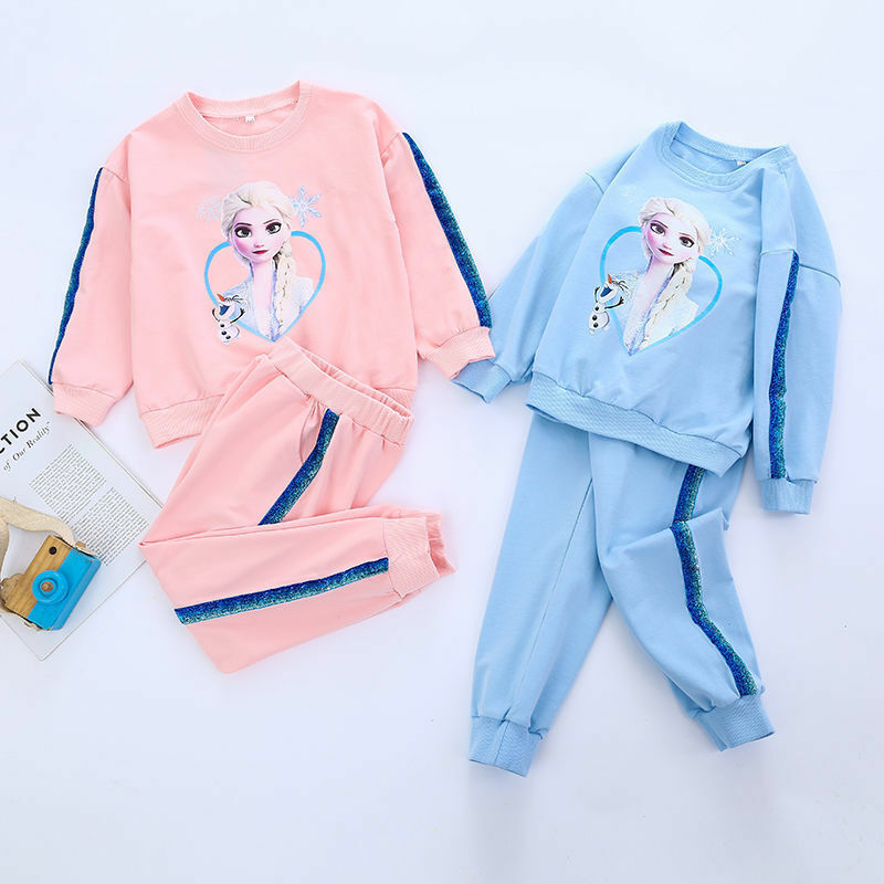 Модный комплект одежды для девочек, весенне-осенние толстовки с мультяшным принтом «Холодное сердце», футболки с длинными рукавами, детские пижамы с брюками для малышей