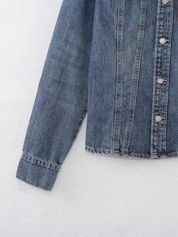 Vrouwen 2023 Nieuwe Mode Flip Pocket Decoratie Strakke Casual Denim Blouses Vintage Lange Mouw Knoop-Up Dames Shirts Chique Tops