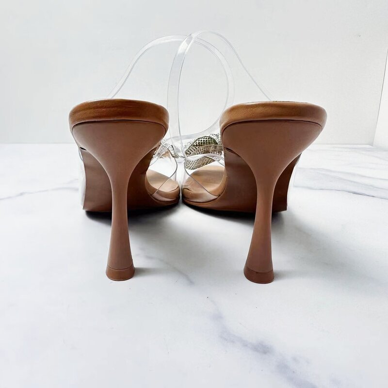 Sandalias de tacón alto de plástico para mujer, zapatos de moda decorados con lazo, sandalias de cristal, novedad de 2024