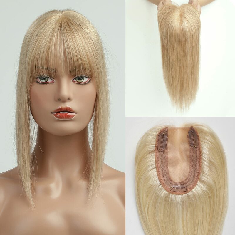 Miodowo-blond 100% nakładki z ludzkich włosów Remy z grzywką kawałki włosów jedwabny klips bazowy z topem dla kobiet z do rzadkich włosów