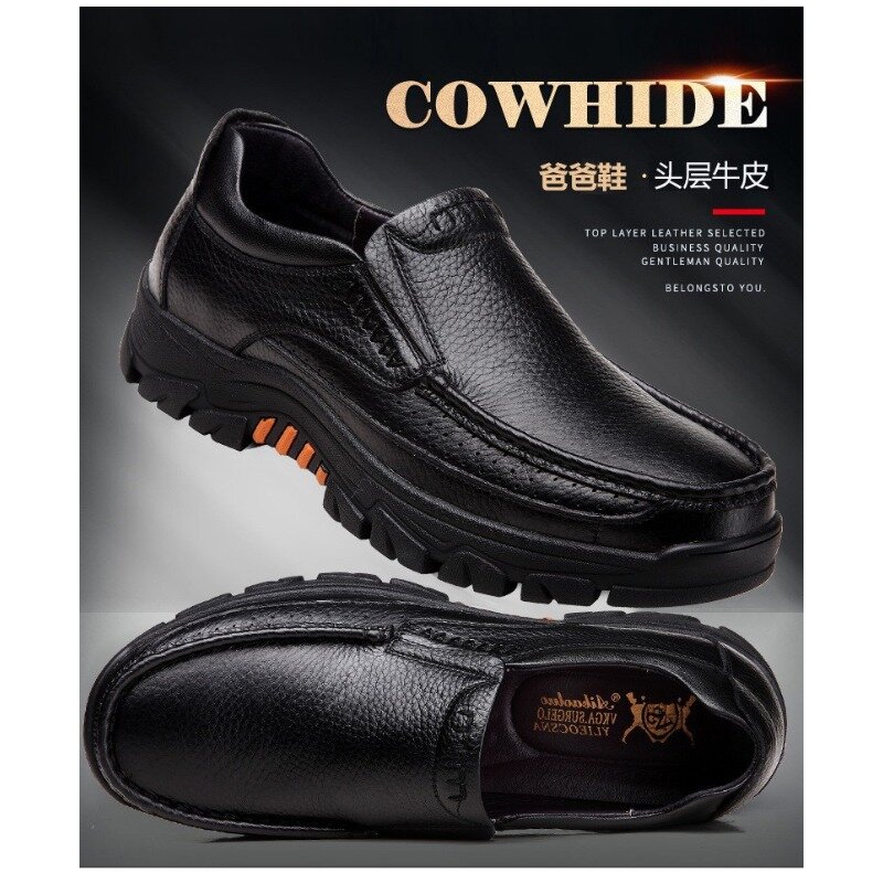 Sepatu pantofel kulit asli pria, alas kaki Slip-on A2088 halus kasual kulit sapi untuk lelaki baru hitam coklat
