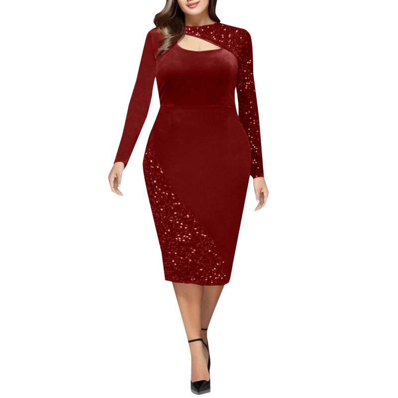 Plus Size Herbst Kleider Vintage Langarm aushöhlen Glitzer funkelnde Pailletten schlanke figur betonte Kleid elegante Midi Party rotes Kleid