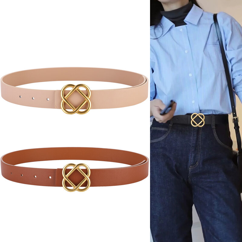 Elegant Belts For Women Chinese Knot Gold Metal Buckle Genuine Leather Designer Girdle Female Dresses Jeans Decorative Waistband