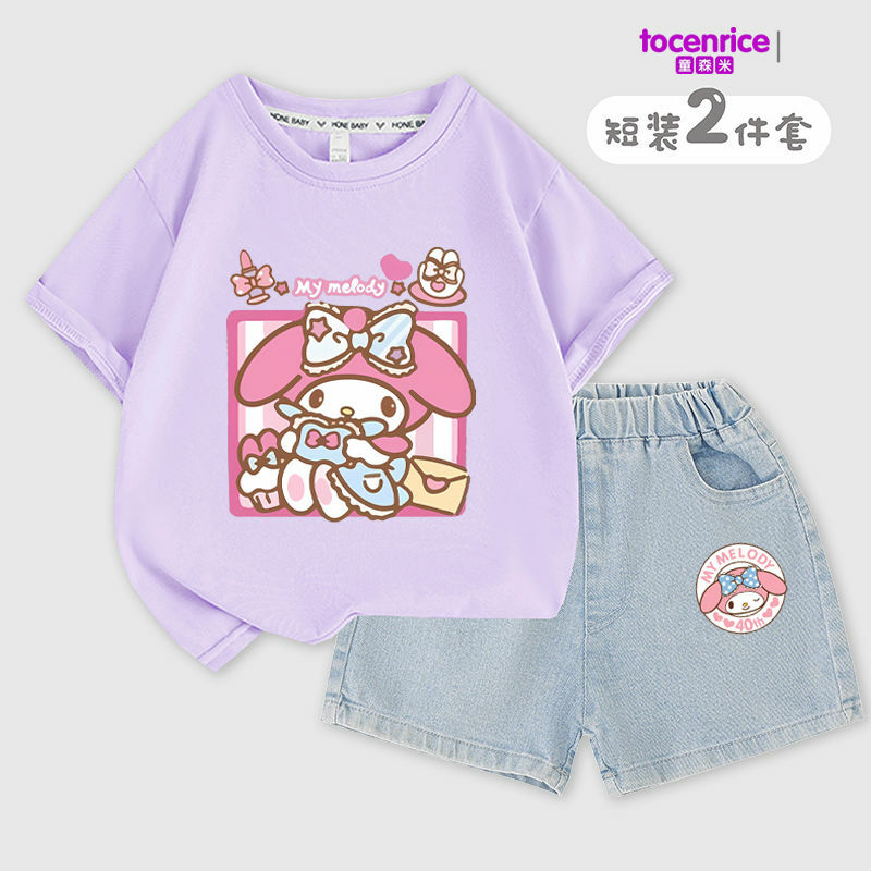 Детские шорты с коротким рукавом Sanrios My Melody, комплект из двух предметов для девочек, хлопковая футболка, джинсовые шорты, летняя повседневная детская одежда