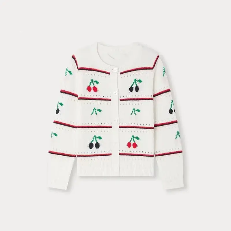 Ropa bordada de punto para niñas, suéter de algodón con cerezas, ropa para bebés, preventa, 2024, BP