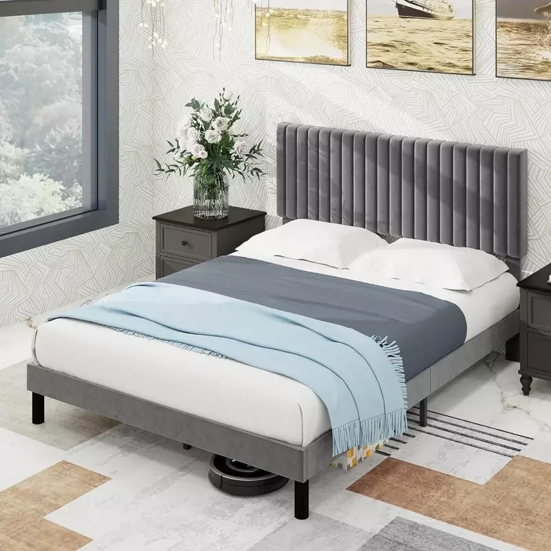 Queen-size Bed Frame, Velvet Upholstered Platform with Headboard, Easy To Assemble, No Springs, with Wooden Slats, Dark Grey