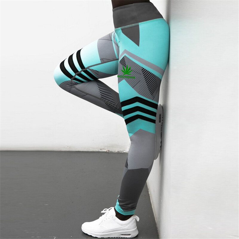 Hddhhh celana legging Fitness wanita, celana leging pinggang tinggi untuk olahraga, celana Yoga elemen geometris motif merek