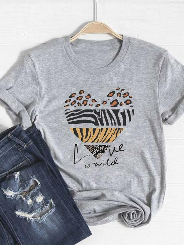 Tee Basic abbigliamento abbigliamento donna stampa T Shirt Leopard Love Heart Trend Cute Summer Top Fashion T-Shirt grafica manica corta