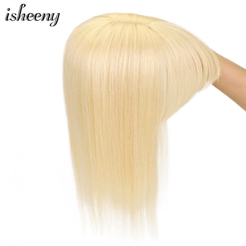 Toupet à frange naturelle blonde pour femme, cheveux humains à clipser, partie médiane, perruque supérieure, 8 "-18", 13x13cm