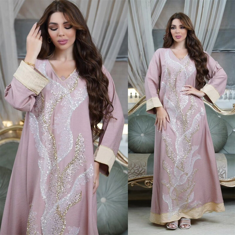 Dubai Luxury Dress Vintage Sequins Embroidery Abaya Long Sleeve Moroccan Arabic Dresses Muslim Ramadan Jalabiya Dubai Turkey