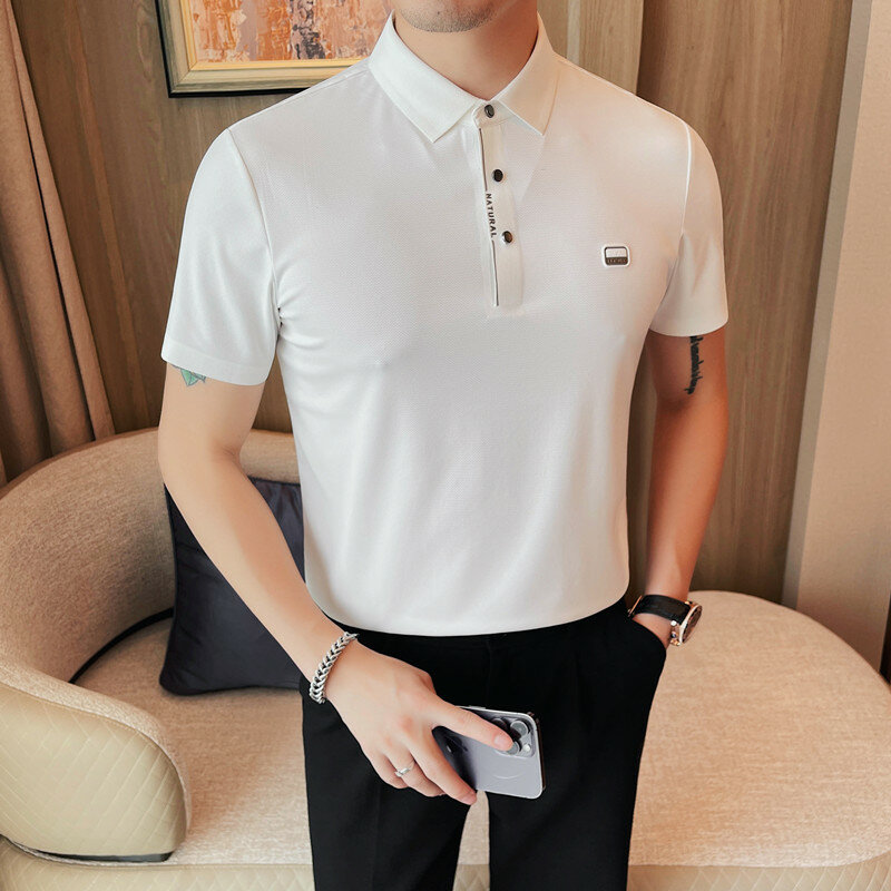 Kaus Polo elastis lengan pendek pria, kemeja Polo elastis kualitas tinggi untuk bisnis Formal pria warna Polos cocok untuk semua