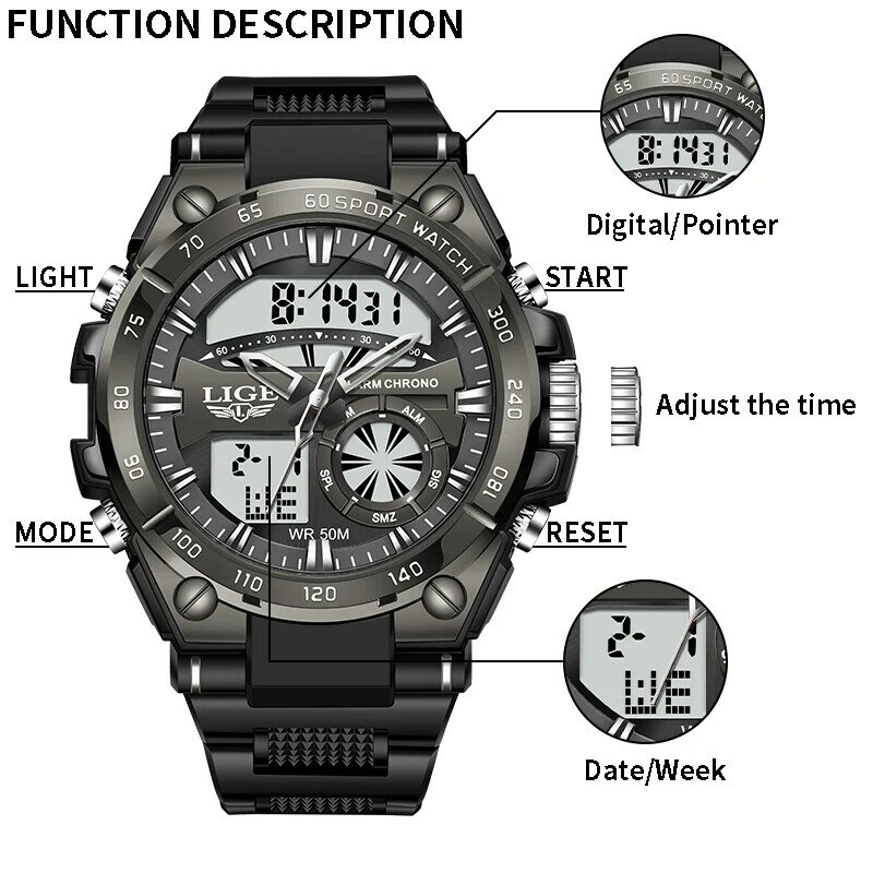 LIGE 남성용 스포츠 듀얼 디스플레이 시계, 50m 방수 쿼츠 밀리터리 시계, 알람 시계, 최고 브랜드 패션