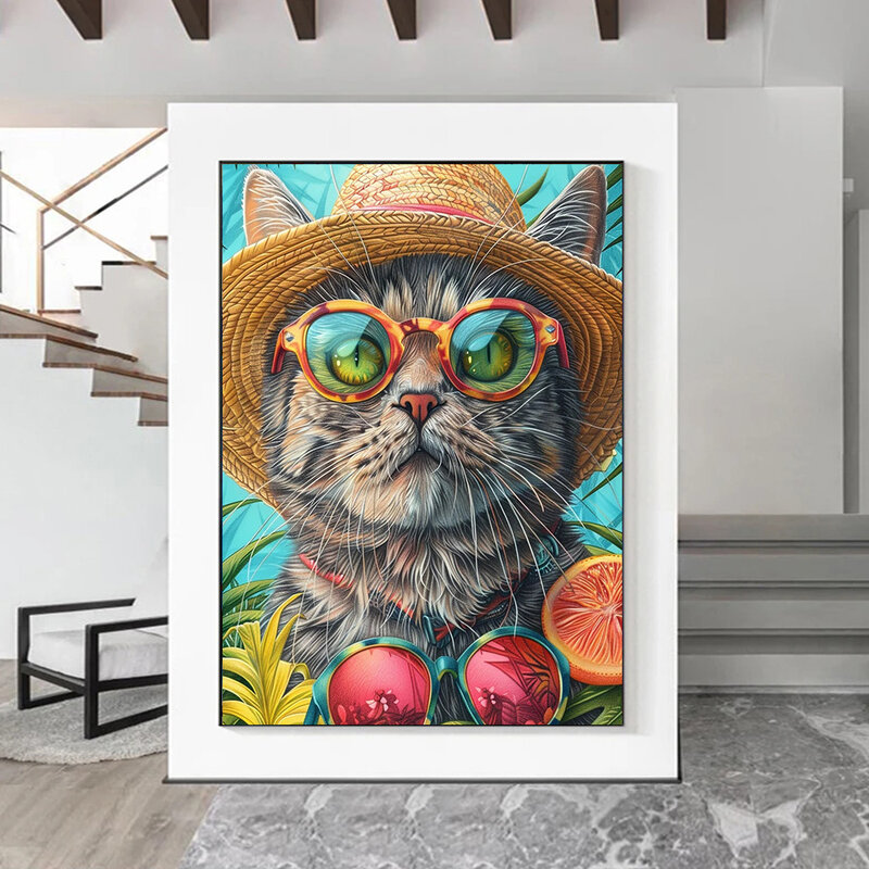 Affiche drôle de chien et de chat en vacances à Hawaii Beach, impressions pour le salon, décor à la maison, peinture sur toile d'animaux d'été, art mural