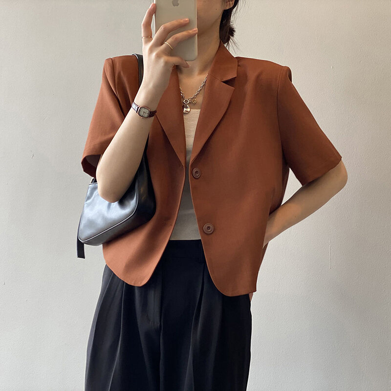 MEXZT Blazer wanita S-4Xl elegan setelan padat jaket kantor wanita Korea lengan pendek Single Breasted kasual Blazer mantel kasual