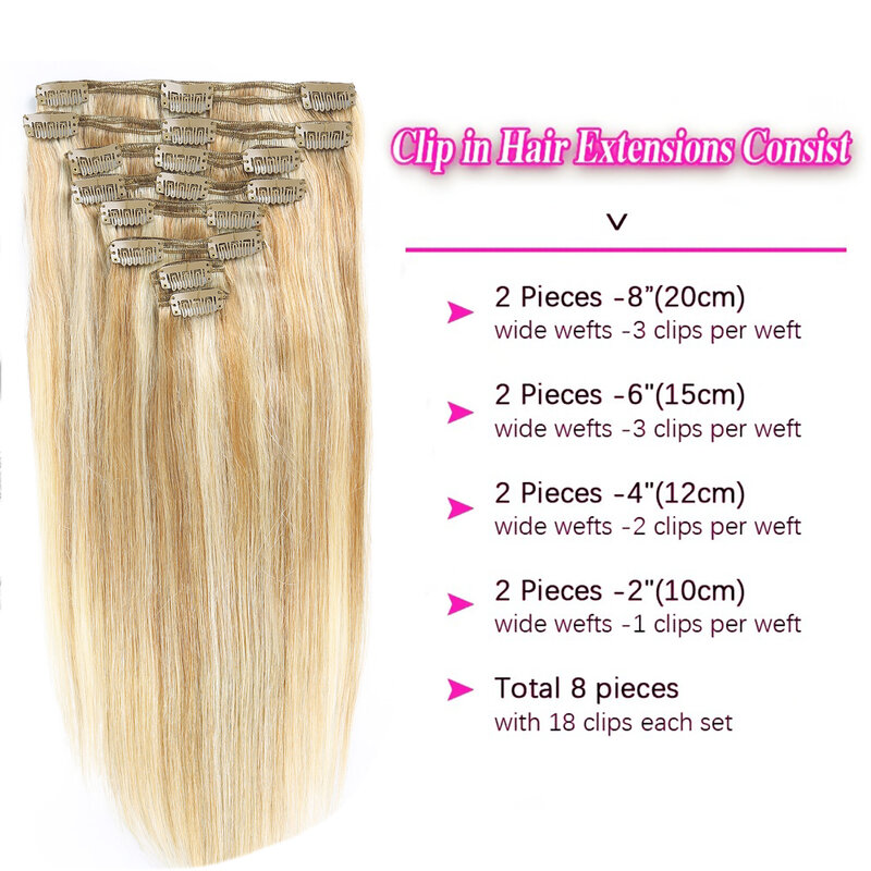 Straight Clip in Hair Extensions Human Hair Double Weft Full Head Hair Extensions 8pcs 18 Clips Hair 16"-24"For Women #12P613