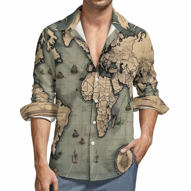 Vintage World Map Shirt Autumn Historical Map Casual Shirts Męskie eleganckie bluzki z długim rękawem DIY Fashion Top Plus Size 3XL 4XL