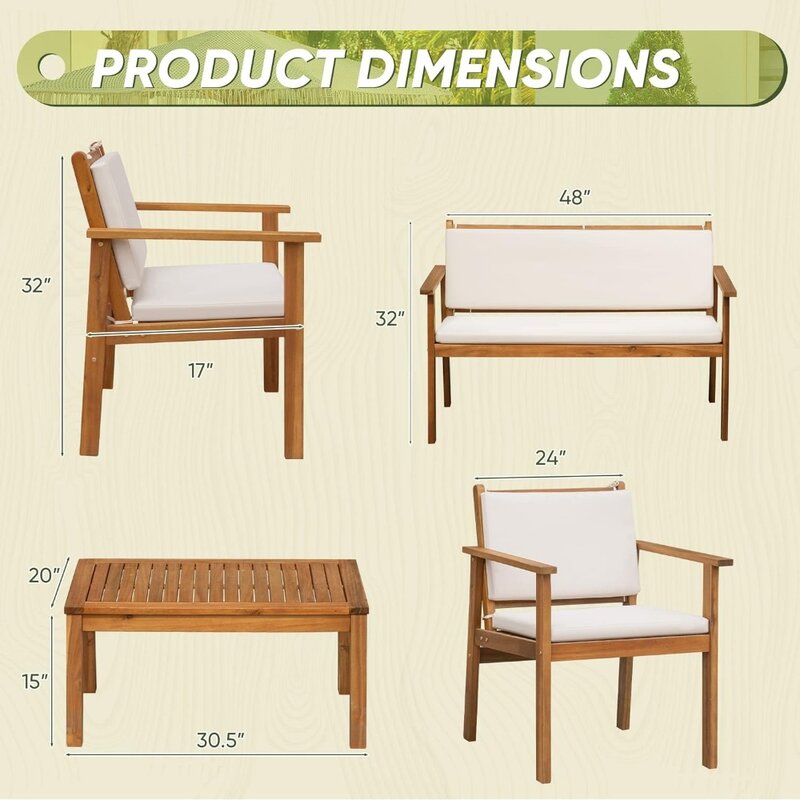 Мебель для патио, 4 предмета, уличный диван из дерева акации для разговора с столом и подушками