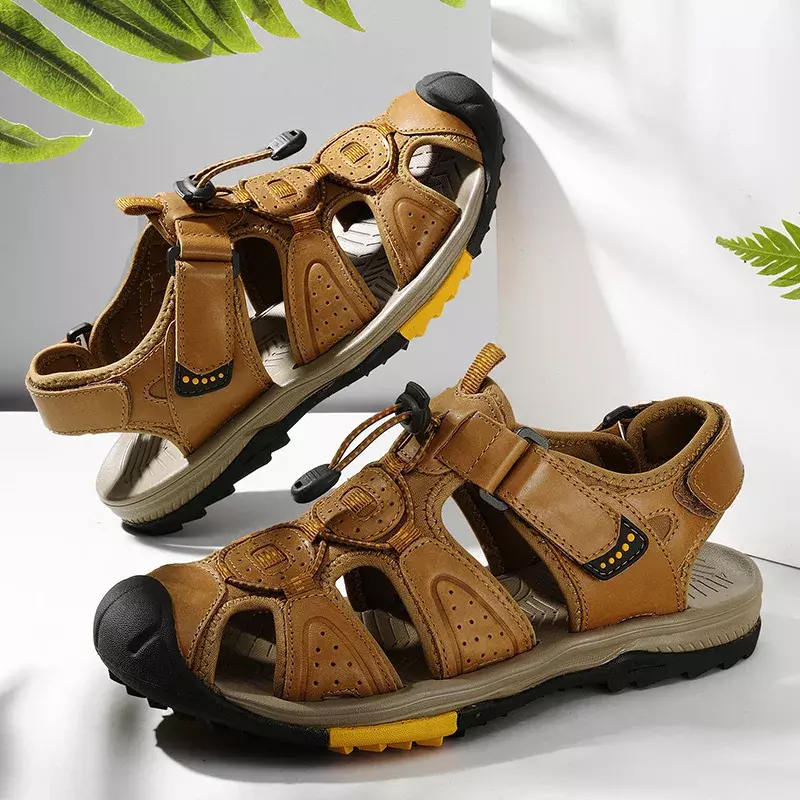 Letnie męskie sandały oryginalne skórzane obuwie Outdoor męskie skórzane rzymskie sandały męskie plażowe sandały do brodzenia oddychające trampki