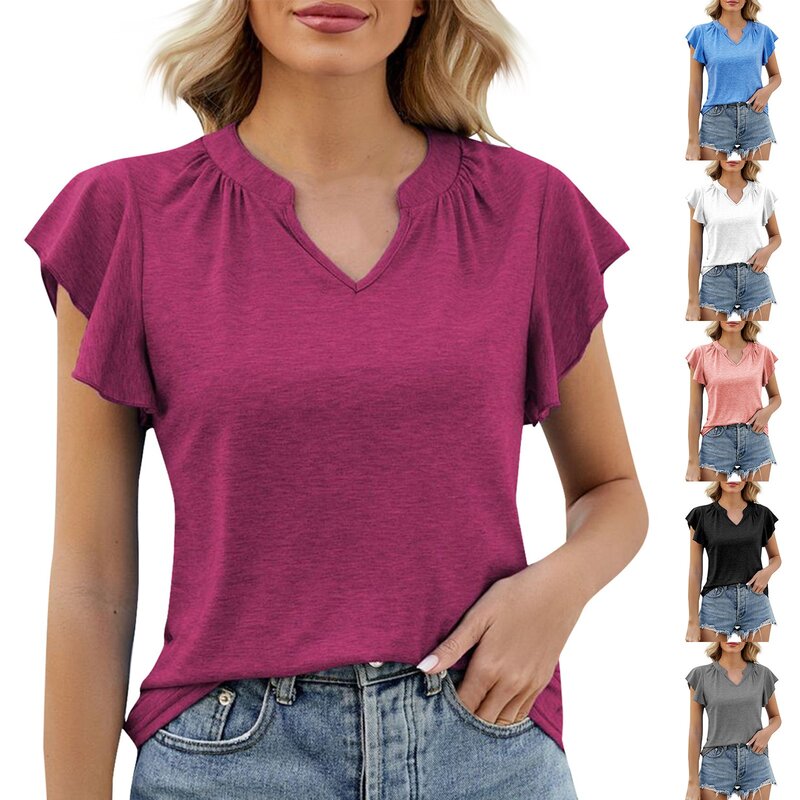 Koszula damska elegancka, jednolita kolorowa marszczona koszulka z krótkim rękawem bluzki damskie modna stójka casual w jednolitym kolorze