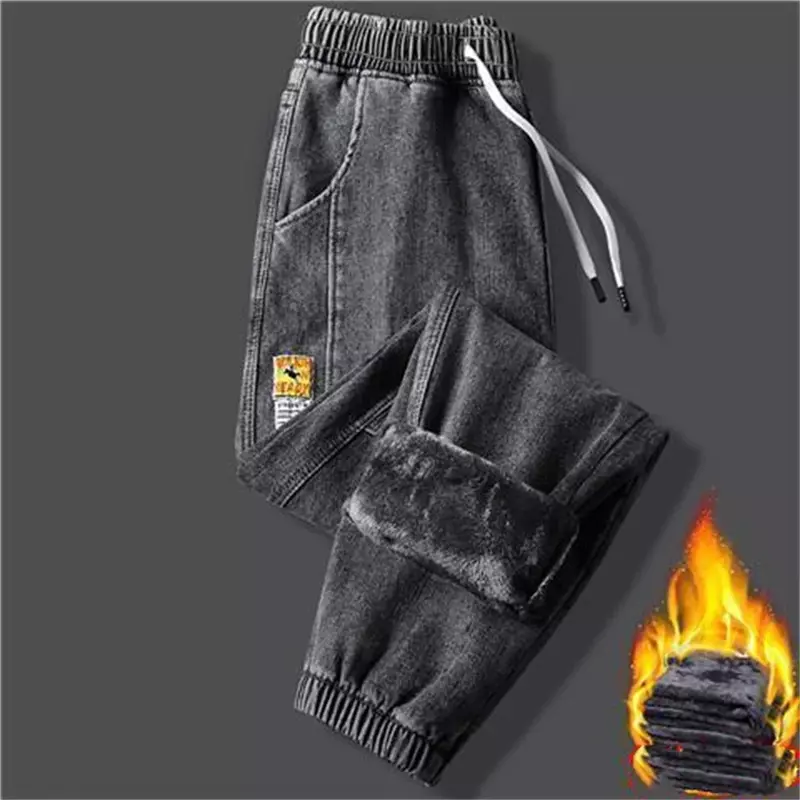 2022 New Men's jeans Winter Fleece Jeans Thick Warm Denim Pants Men Streetwear Black Joggers Harem Jean Thermal Trousers