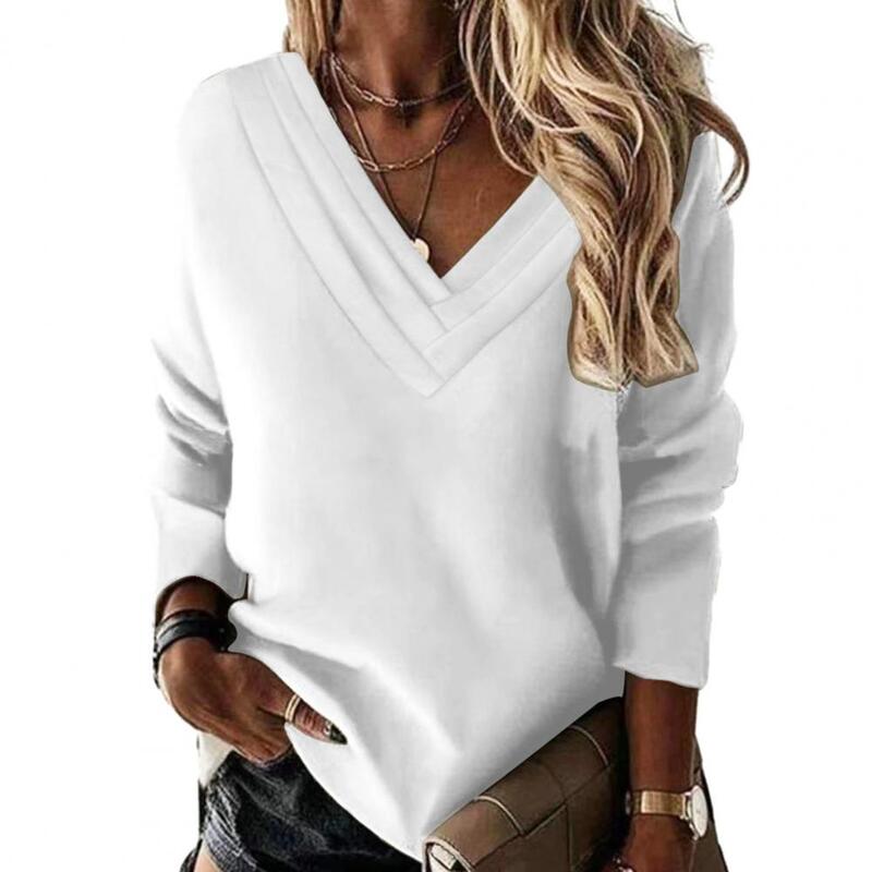 Damska jesienna zimowa bluza wielowarstwowa dekolt w szpic w jednolitym kolorze ciepła z długim rękawem miękka bluza luźny sweter w stylu Casual, damska bluzka Top