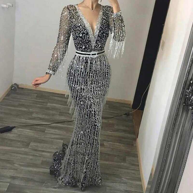Women's Cocktail Dresses Vintage Long Sleeve Deep V Neck Glitter Sparkly Sequin Beaded Tassel Bodycon Dress Sexy Party Dress