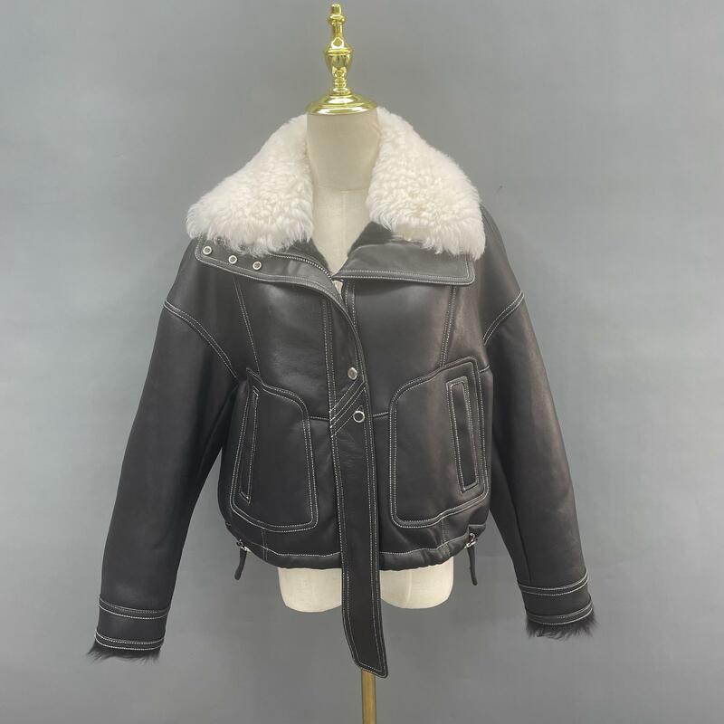2023 Janefur Winter Jackets Genuine Sheepskin Shearling Jackets Real Lamb Fur Women Double Face Leather Coats