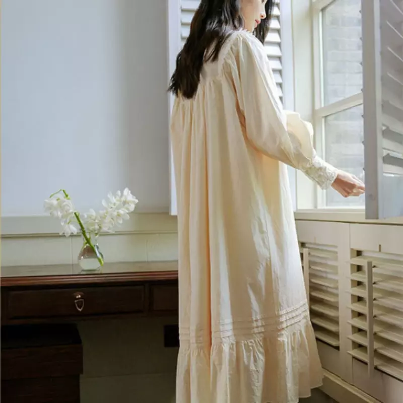 Wiktoriańska sukienka wieczorowa damska z wiosenne jesienne z długim rękawem rękawem seksowna koronkowa kwadratowa koszula nocna z okrągłym luźna bielizna nocna z czystej bawełny w stylu Vintage