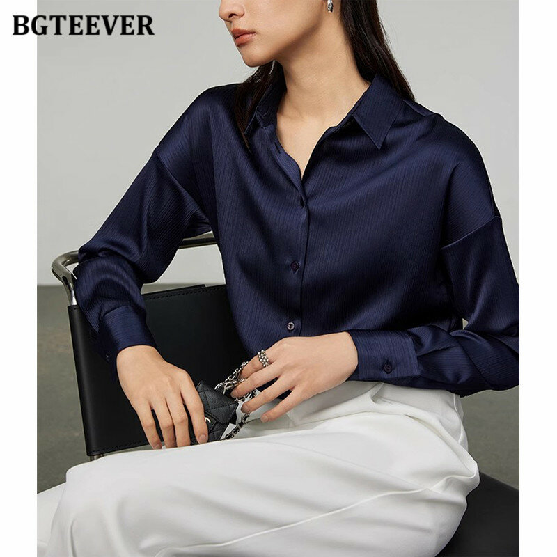Bgteever เสื้อเบลาส์ผ้าซาตินคอปกแบบกระดุมแถวเดียวสำหรับผู้หญิง, เสื้อทรงหลวมแขนยาวเสื้อสตรีสำหรับฤดูใบไม้ผลิ